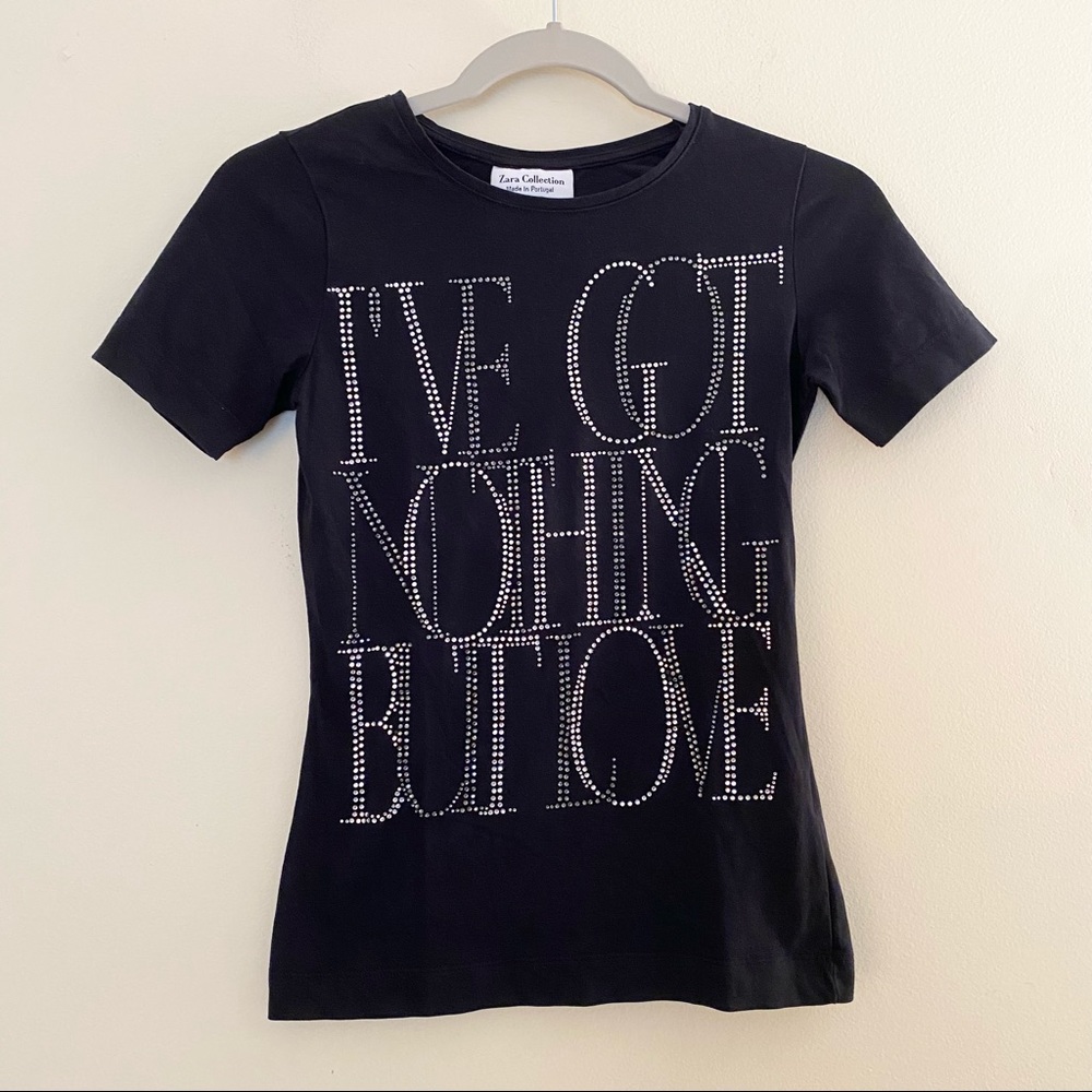 Zara Collection Black Bedazzled T Shirt Small baby doll